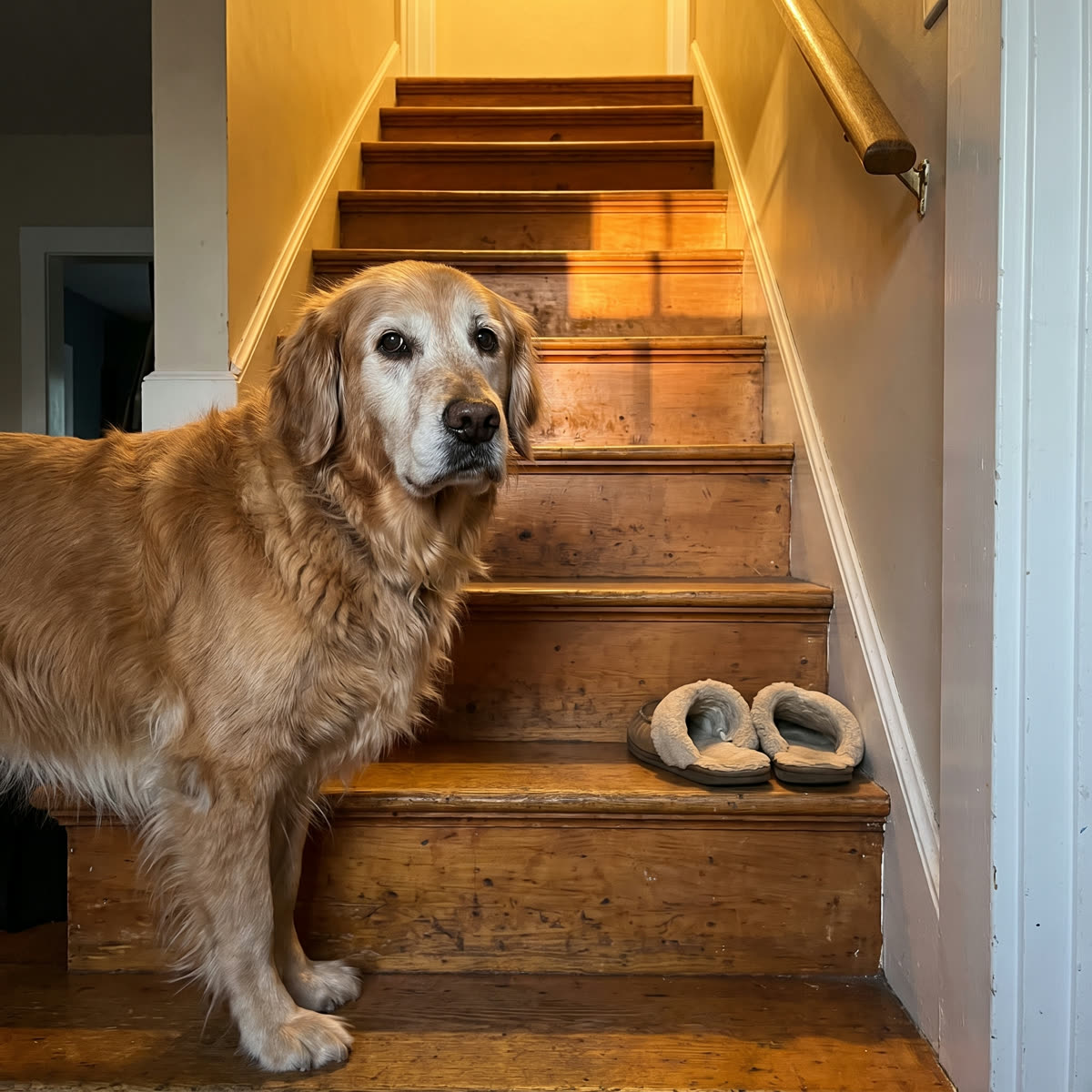 A greying golden retriever at the bottom of a home staircase, looking up