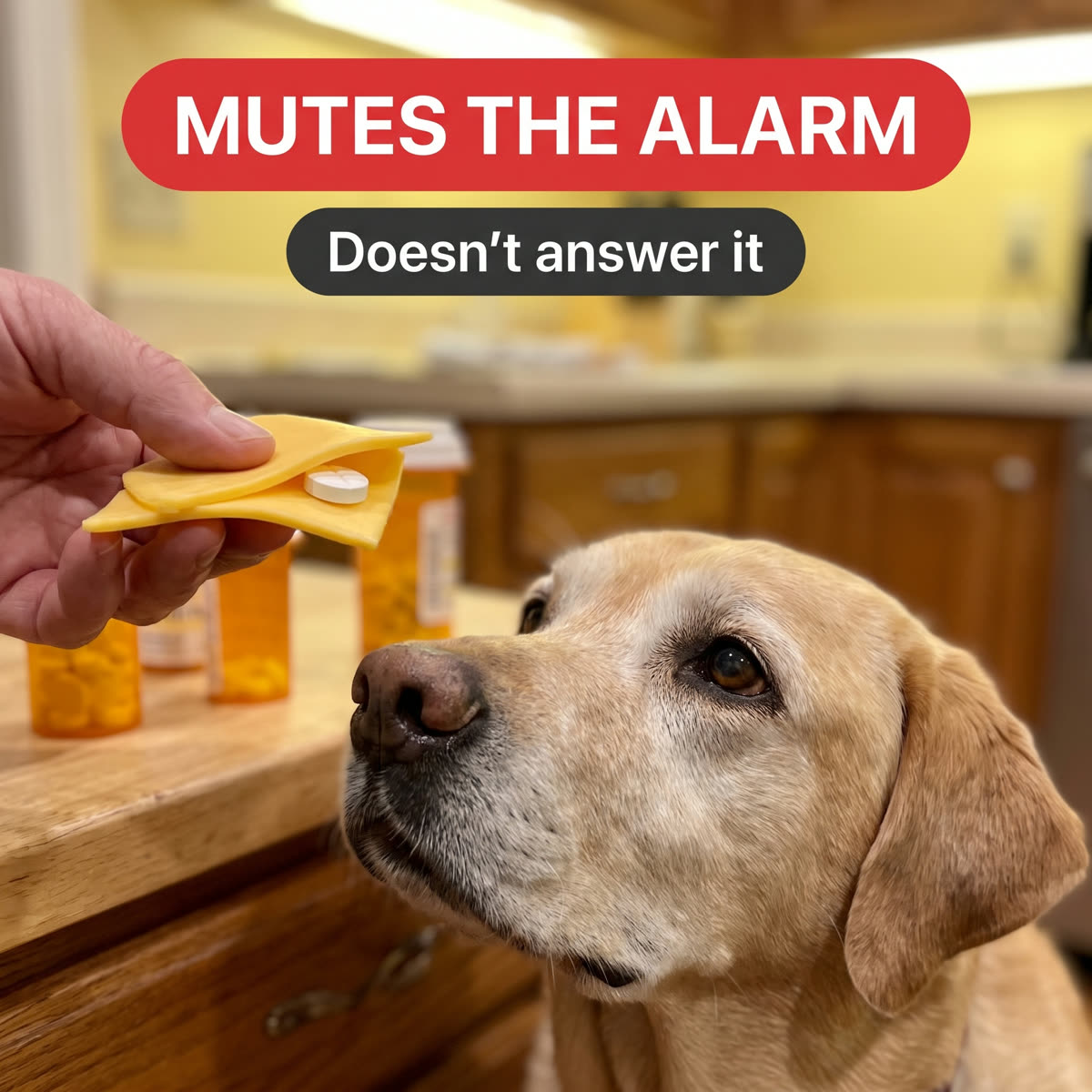 Close-up of an owner’s hand holding a pill folded in cheese while a senior dog looks up