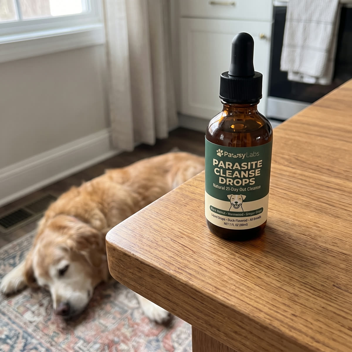 A PawsyLabs bottle on a wooden kitchen table beside a sleeping senior golden retriever