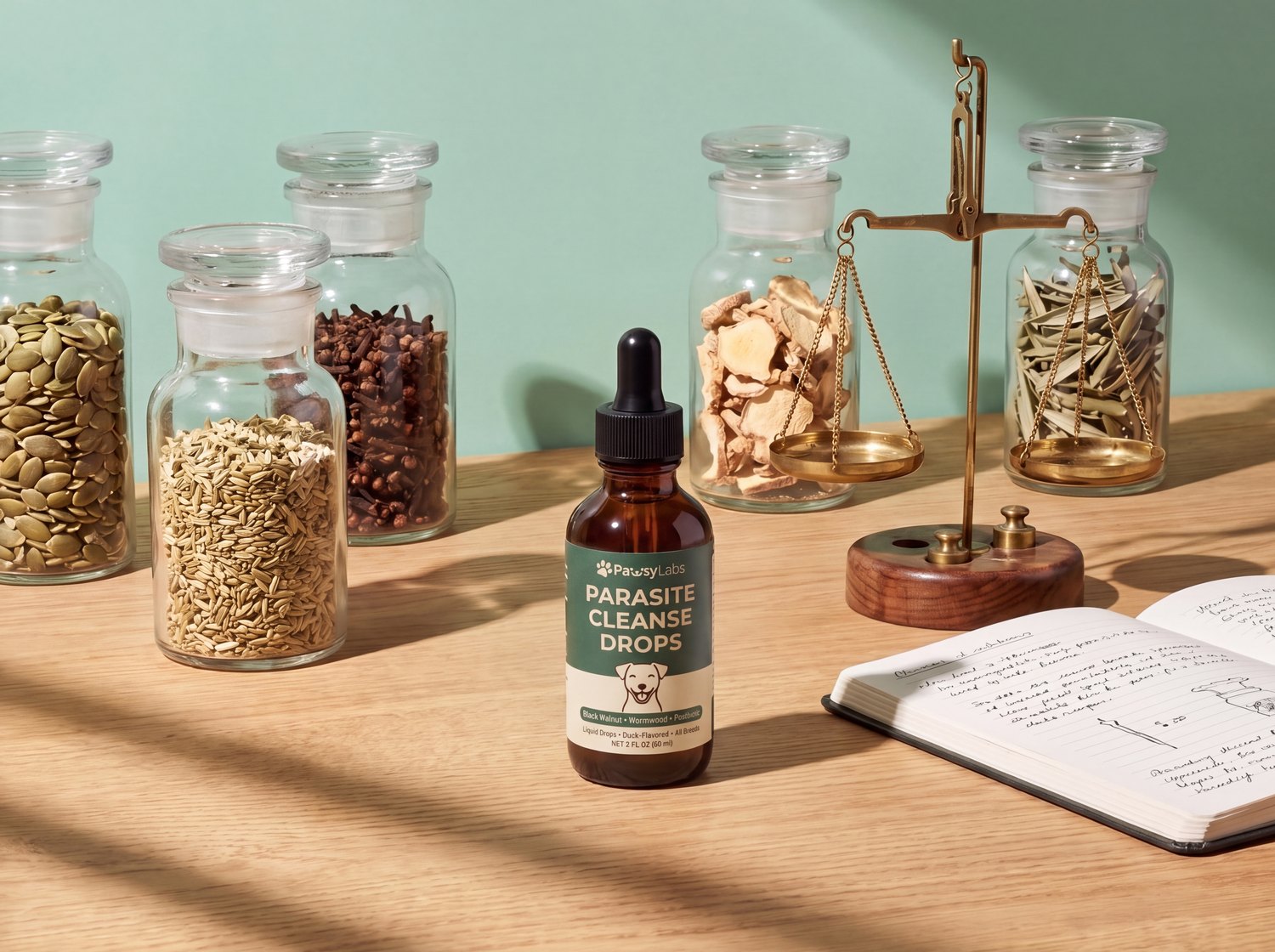 PawsyLabs Parasite Cleanse Drops surrounded by its raw ingredients