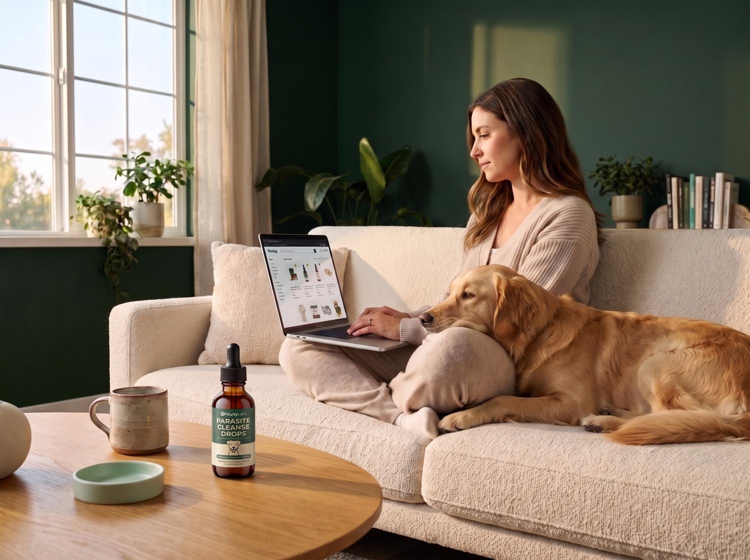 A woman checking her phone at the kitchen table with her terrier beside her