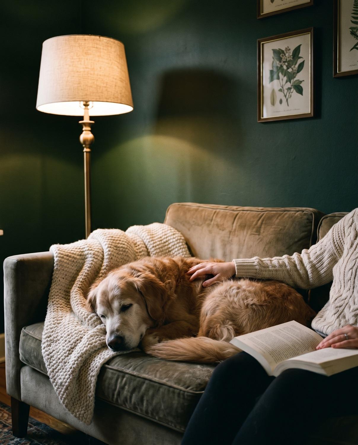 A senior golden retriever asleep on the sofa under a knitted blanket beside its owner, who is reading