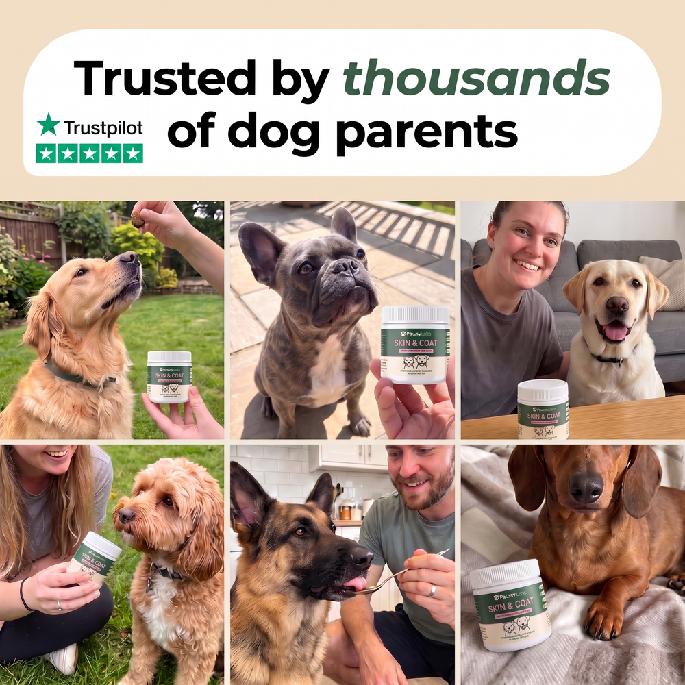 Dog owners using PawsyLabs Skin & Coat soft chews
