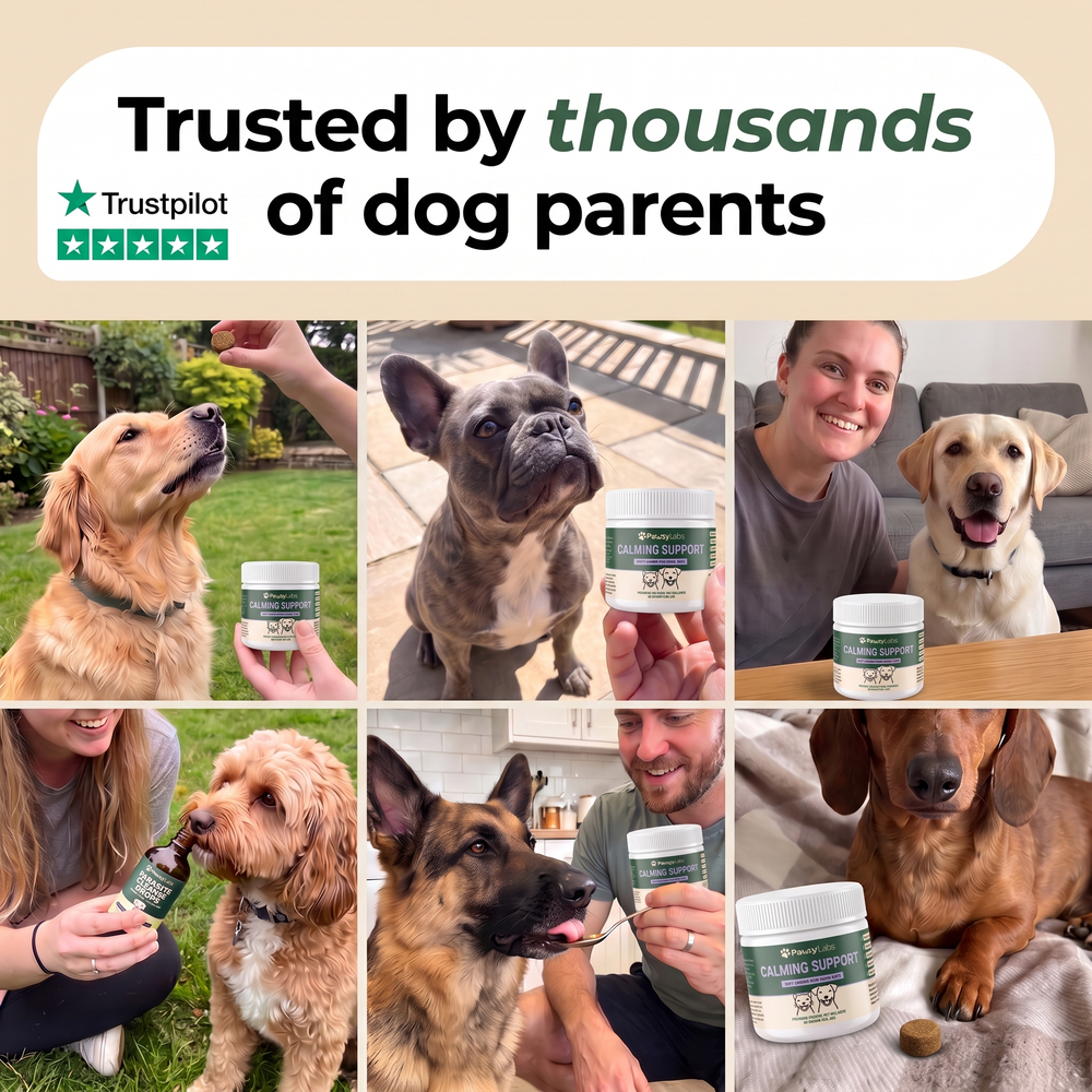 Dog owners using PawsyLabs Calming Support soft chews