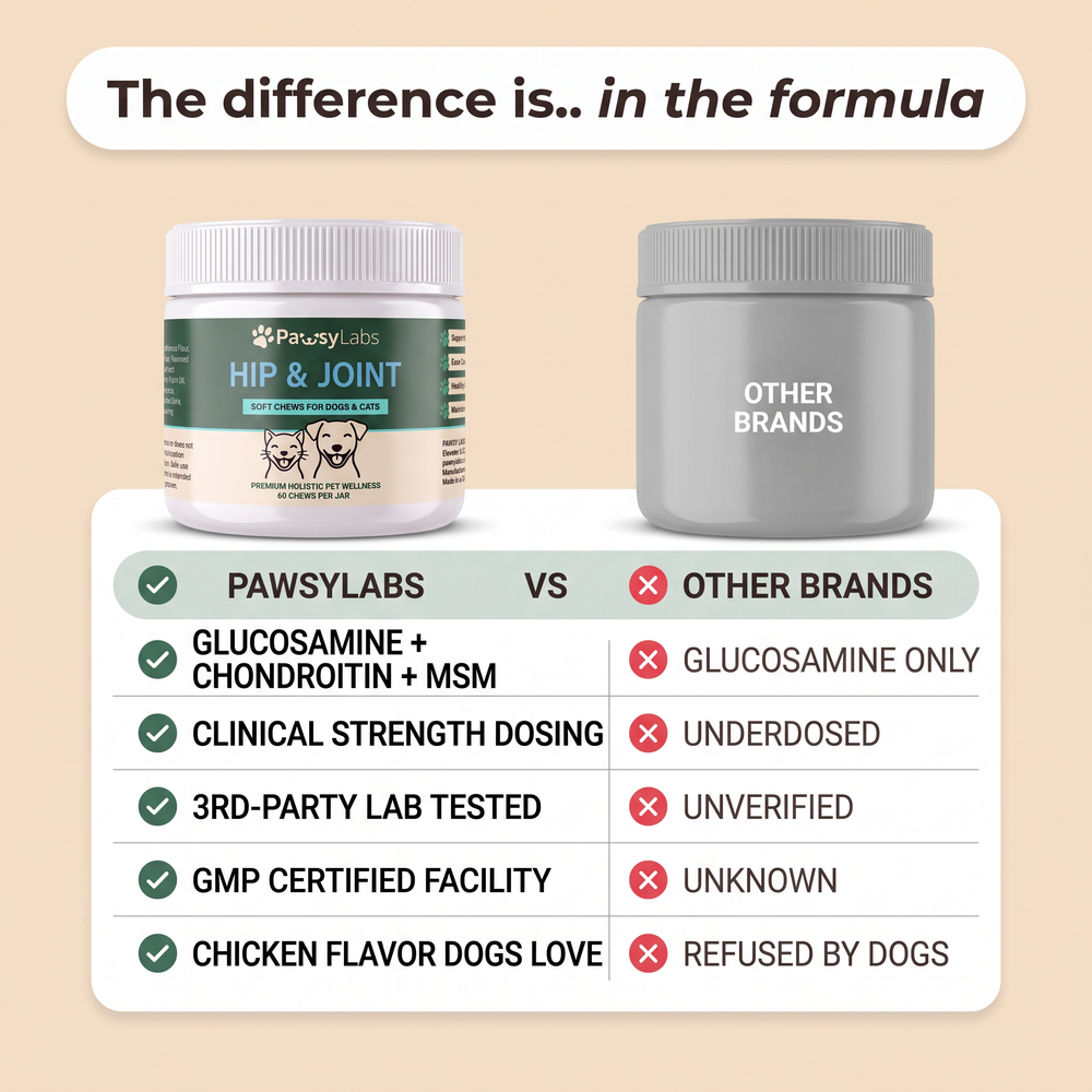 PawsyLabs Hip & Joint chews compared with other brands