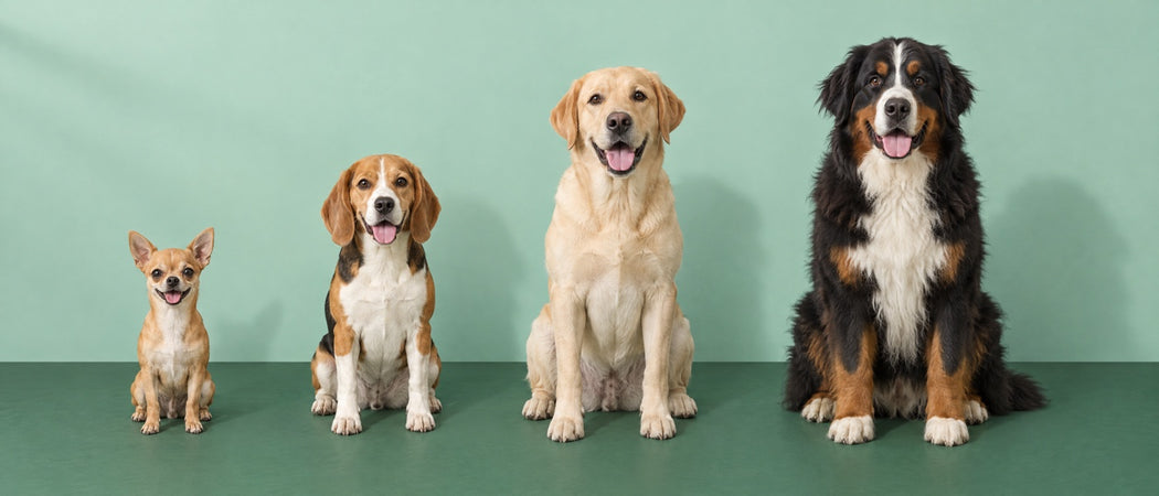 A Chihuahua, a Beagle, a Labrador and a Bernese Mountain Dog sitting in a row, smallest to largest