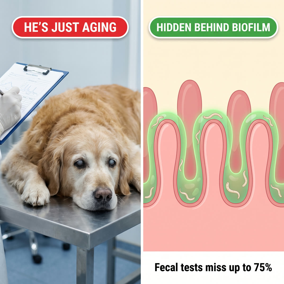 A senior dog on a vet exam table with the owner’s hand resting on his back