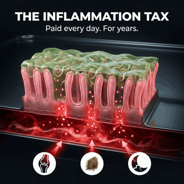 Flat medical illustration of a dog’s gut wall with a biofilm layer sheltering parasites and toxins leaking into the bloodstream