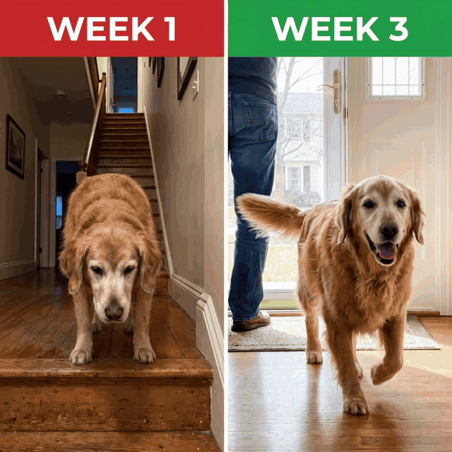Three-panel photo strip of the same greying golden retriever: asleep on the floor, walking beside the owner, trotting to the front door