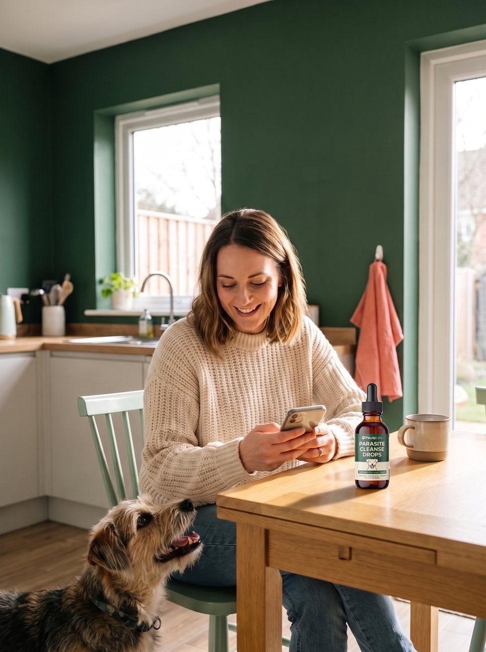 A woman at her kitchen table with her terrier at her feet and PawsyLabs Parasite Cleanse Drops on the table