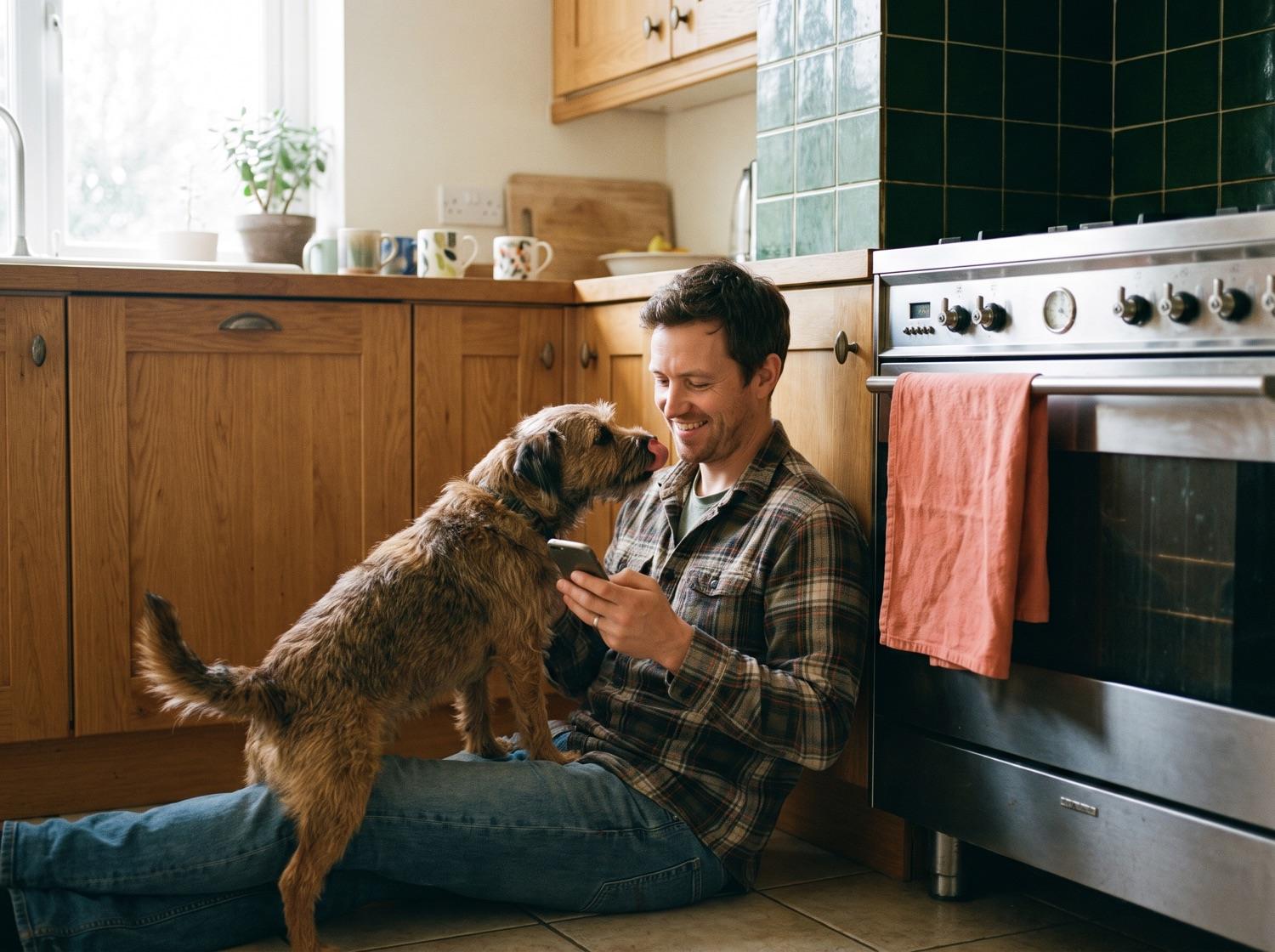 A senior black Labrador waiting in the kitchen next to a bottle of PawsyLabs drops