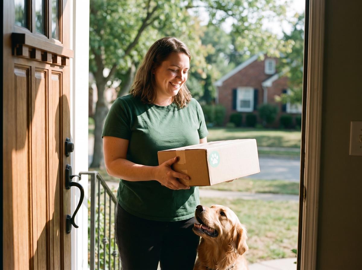 A woman at her front door holding a delivery box while her golden retriever looks on