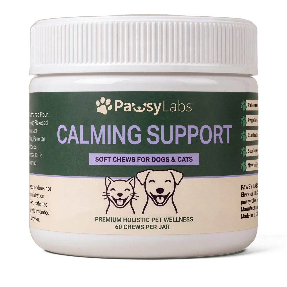 PawsyLabs Calming Support soft chews jar