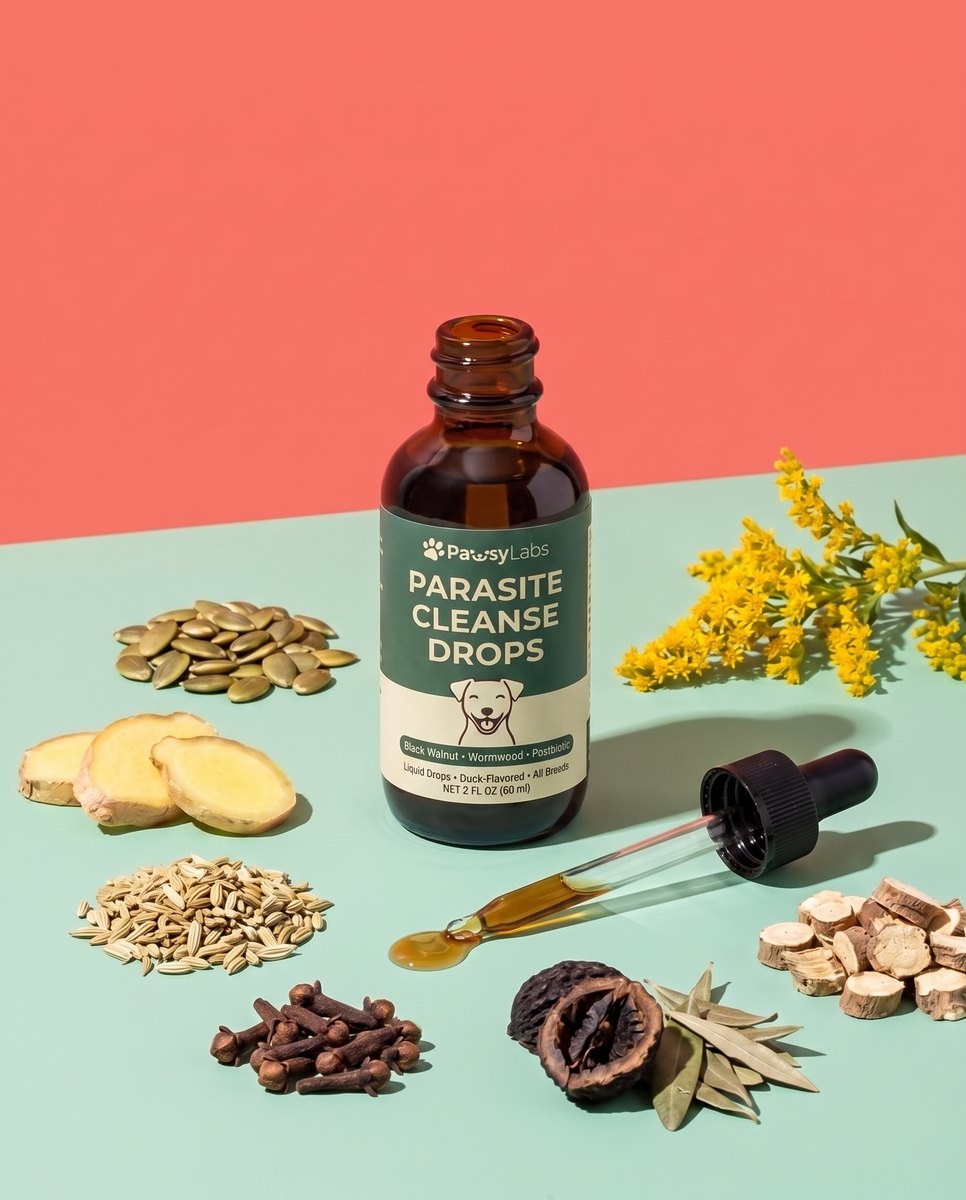 PawsyLabs Parasite Cleanse Drops on a mint surface surrounded by pumpkin seeds, ginger, fennel, cloves and black walnut