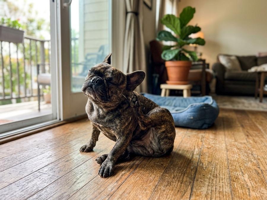 A French bulldog scratching on a wooden floor