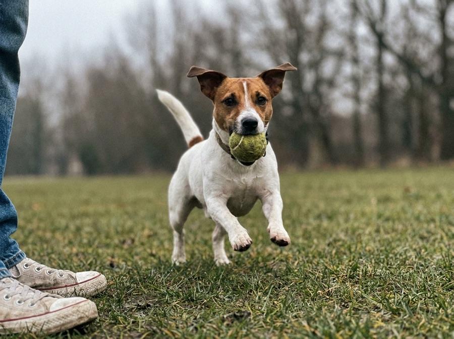 A Jack Russell terrier running across a park with a tennis ball