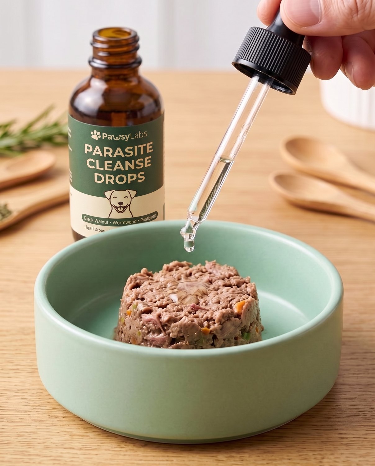 A pipette adds 1 mL of PawsyLabs drops to wet food in a mint bowl, the bottle behind it