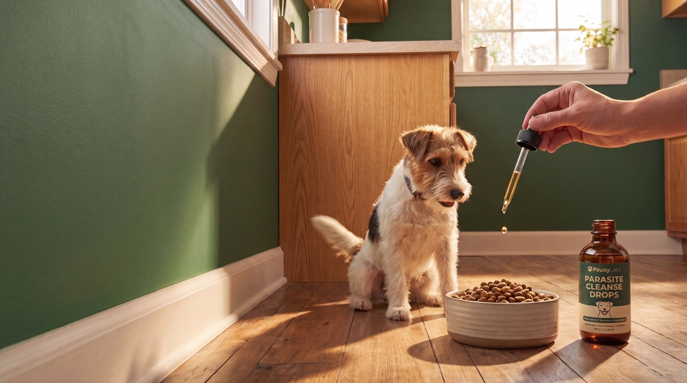 A terrier waits by its food bowl while an owner adds PawsyLabs drops from a pipette in a sunny kitchen