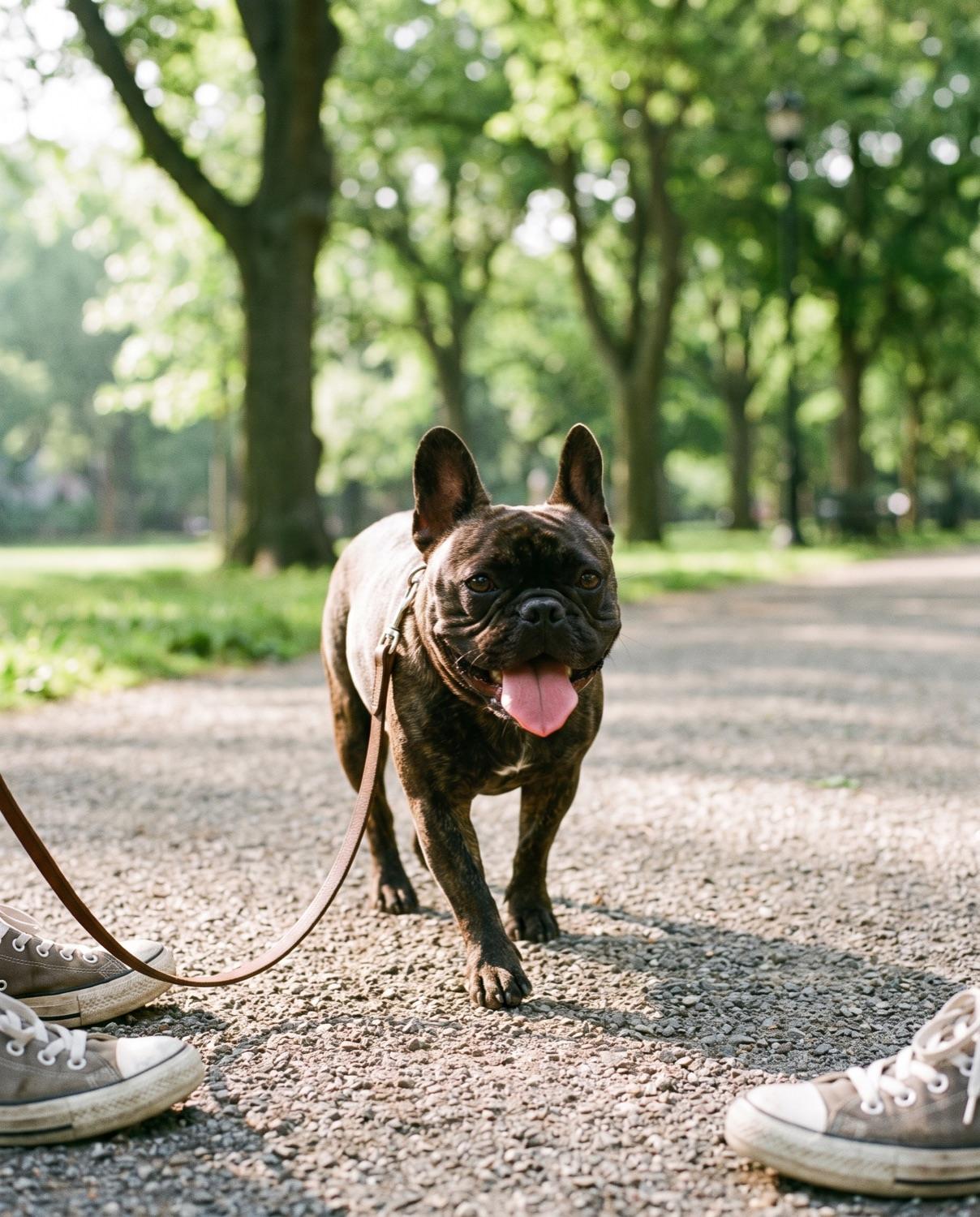 A brindle French bulldog trots toward its owner on a sunny park path, leash in view