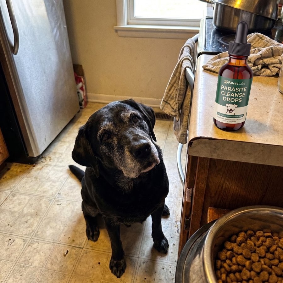 A senior black Labrador sitting by a food bowl in the kitchen