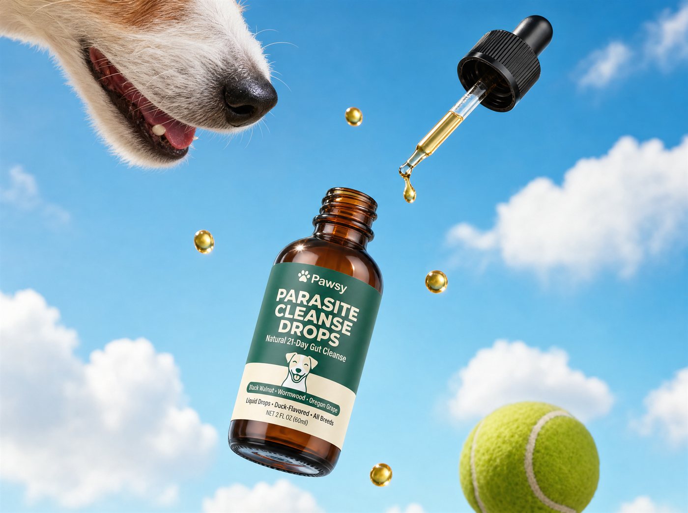 Pawsy Parasite Cleanse Drops with a happy dog